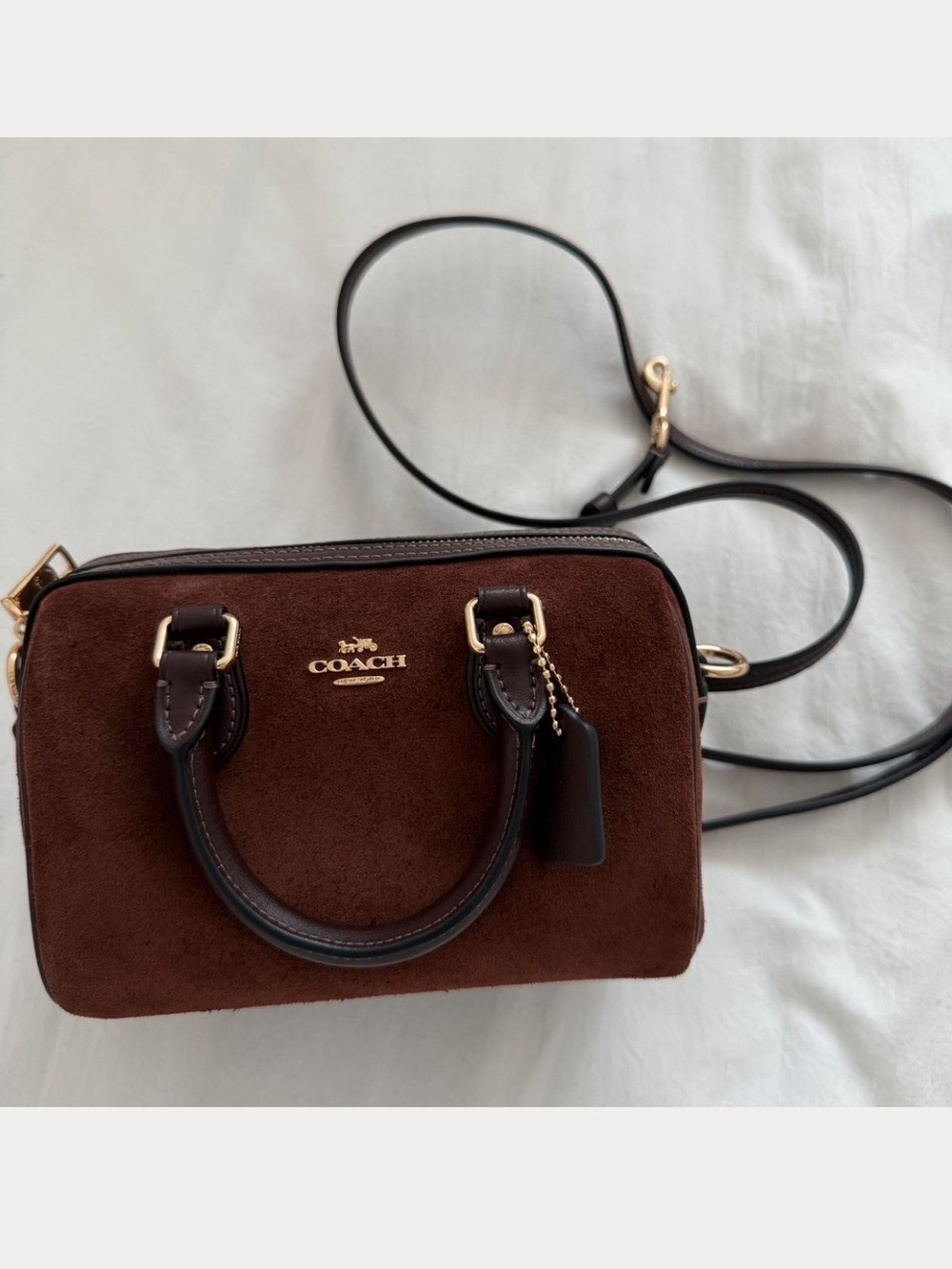 Coach Brown Suede Mini Crossbody with Dark Brown Leather Trim